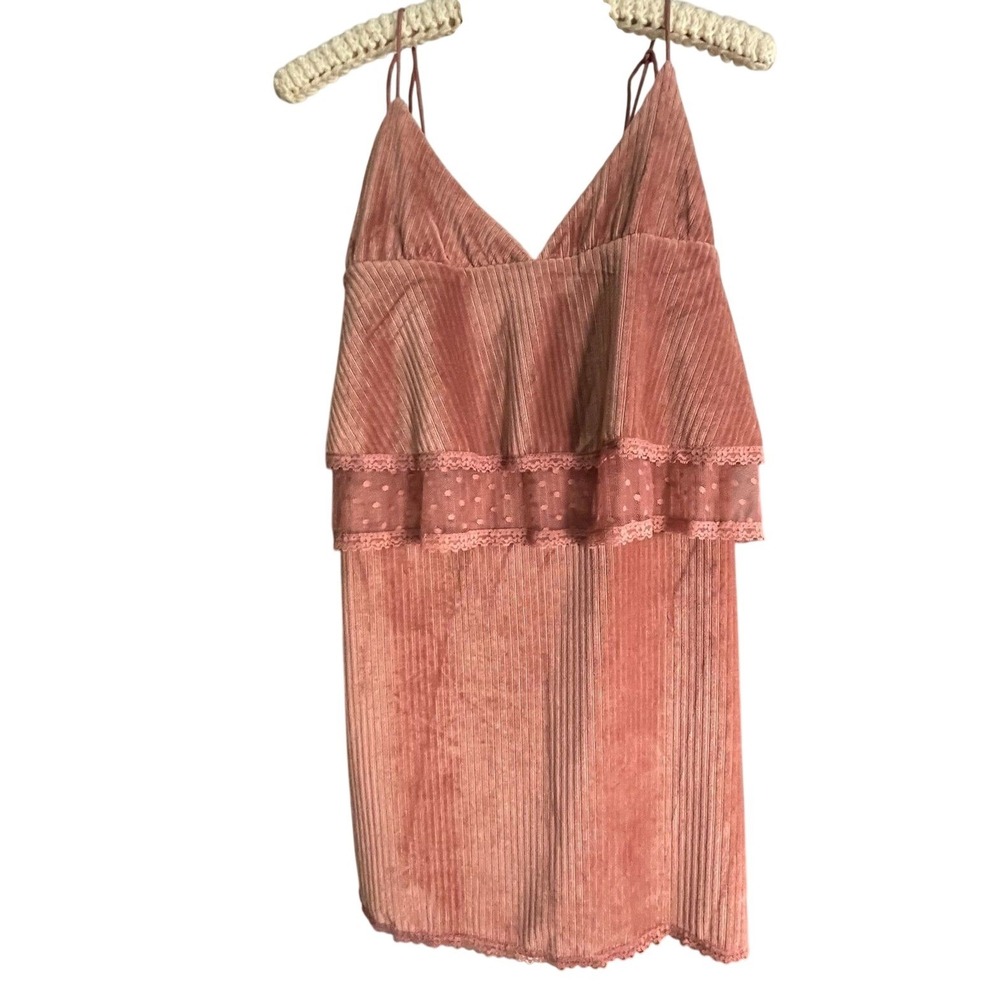 POL Mauve Ribbed Velvet Cascading Tiered Mini Dress‎ Medium Lace Boho Coquette